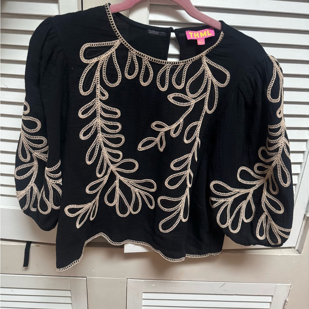 THML Black Embroidered Women's Top